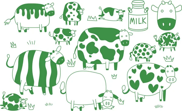 Χαριτωμένο πράσινο αγελάδα σιλουέτα εικονογράφηση σετ — Διανυσματικό Αρχείο