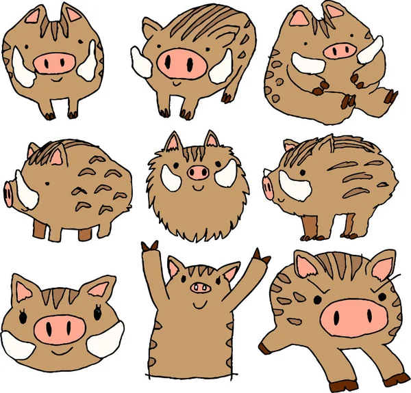 可爱的野猪集涂鸦 — 图库矢量图片