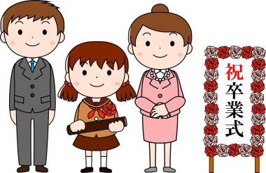 Genç anne-baba ve çocuk mezuniyet töreninde