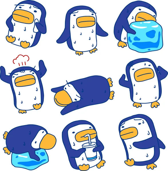 Forró nyári kék pingvin az izzadás készlet — Stock Vector