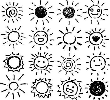 Siyah el boyaması güneş illüstrasyon seti