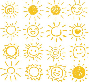 Sarı el boyaması güneş illüstrasyon seti