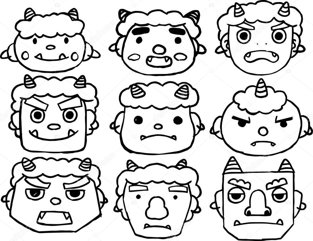 Hand-drawn cute demon's face outline set