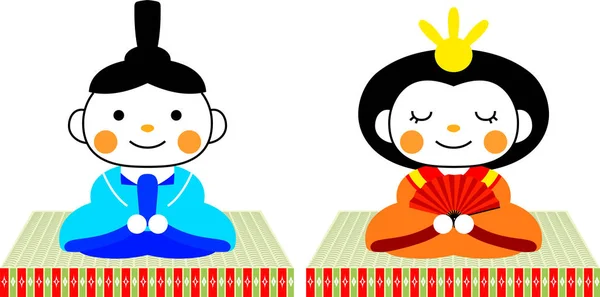 Japanese cute Hina dolls on tatami sheet — Stock Vector