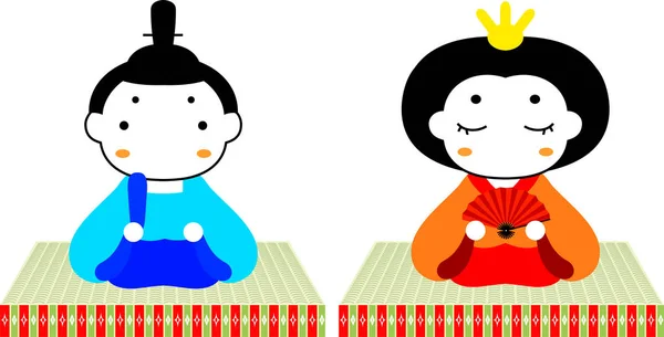 Japonais mignon Hina poupées sur tatami feuille — Image vectorielle