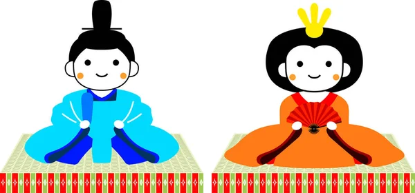 Japonés lindo hina muñecas en tatami hoja — Vector de stock