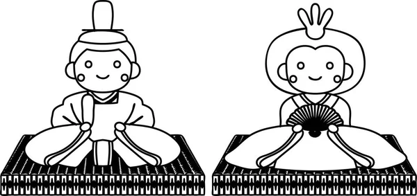 Poupées japonaises Hina sur feuille de tatami contour — Image vectorielle