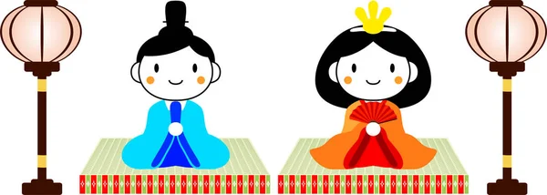 Japonais mignonnes poupées Hina sur feuille de tatami avec lanterne en papier — Image vectorielle