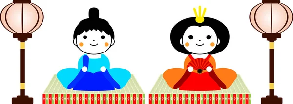 Japonais mignonnes poupées Hina sur feuille de tatami avec lanterne en papier — Image vectorielle