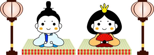 Japonais mignonnes poupées Hina sur feuille de tatami avec lanterne en papier — Image vectorielle