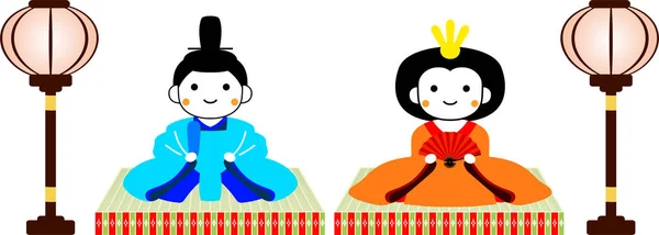 Japonais mignonnes poupées Hina sur feuille de tatami avec lanterne en papier — Image vectorielle