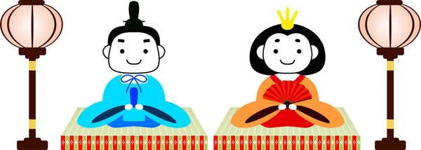 Japanische niedliche Hina Puppen auf Tatami-Laken mit Papierlaterne — Stockvektor