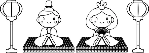Poupées japonaises Hina sur feuille de tatami avec contour de lanterne en papier — Image vectorielle