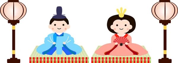 Poupées japonaises Hina sur tatami avec lanterne en papier — Image vectorielle