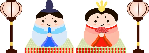 Японские куклы Хина на татами с бумажным фонарем — стоковый вектор
