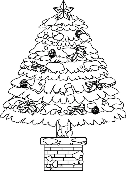 豪華なクリスマス ツリーと雪の概要を装飾 — ストックベクタ