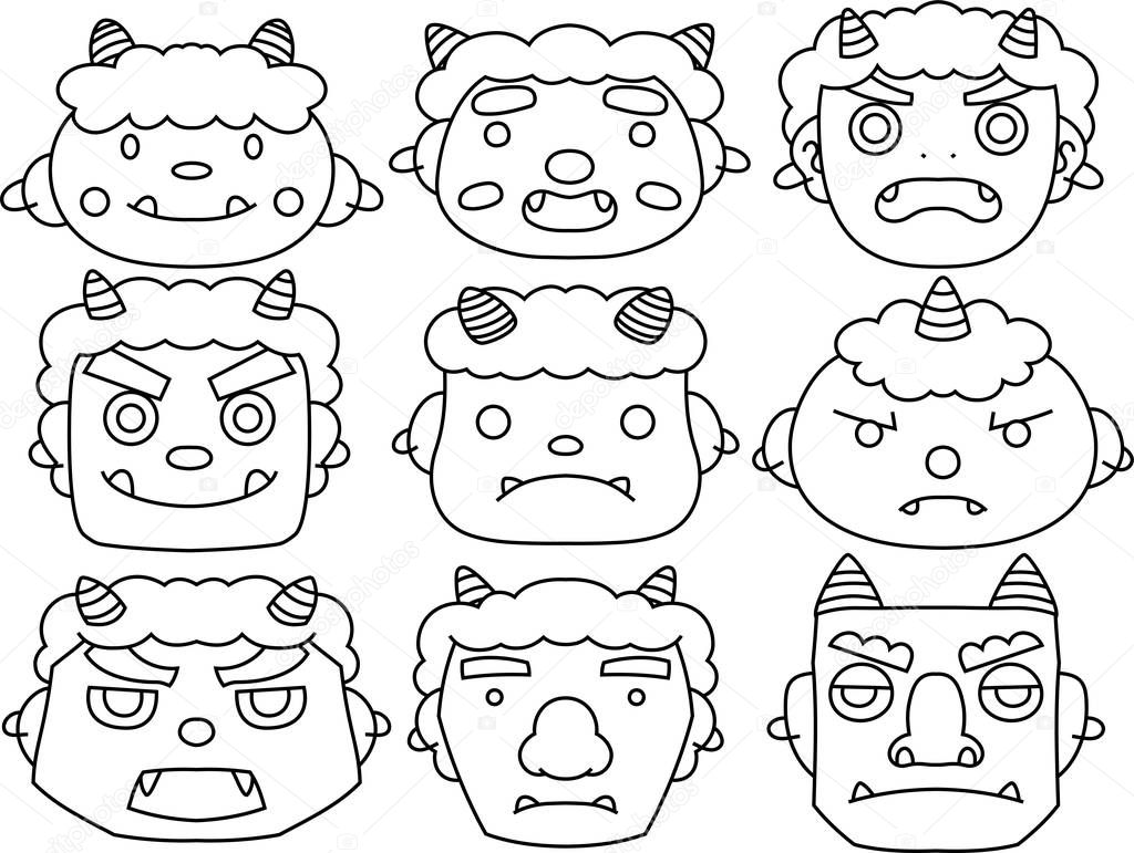 Cute japanese demon Mask outline set