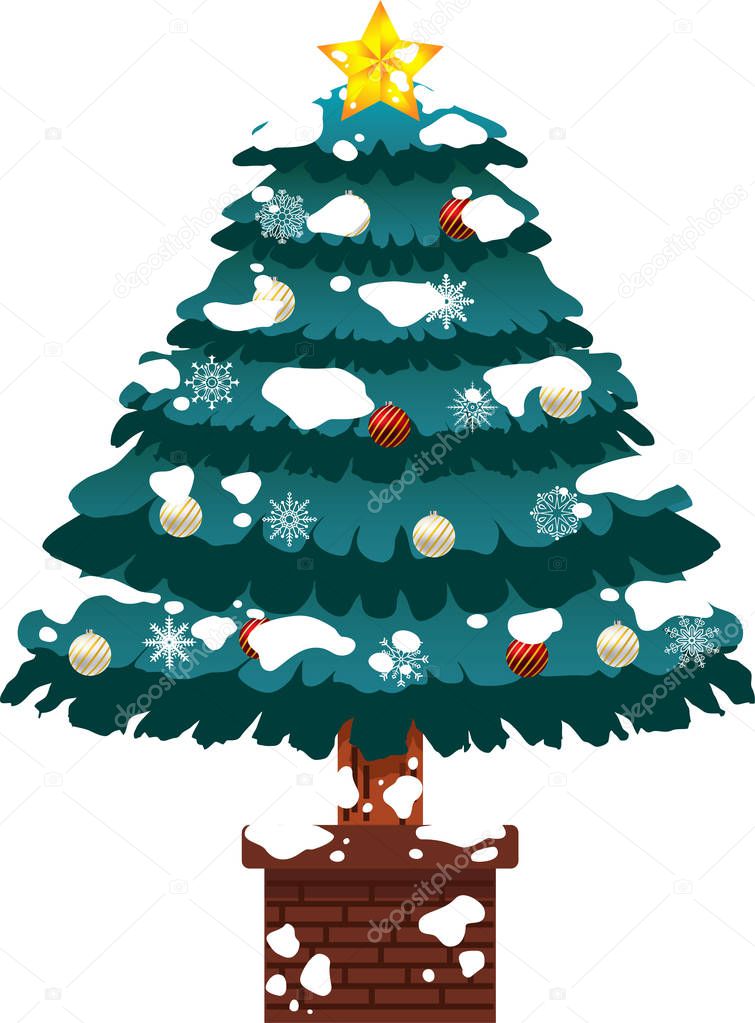 Richly decorated Christmas tree with snow