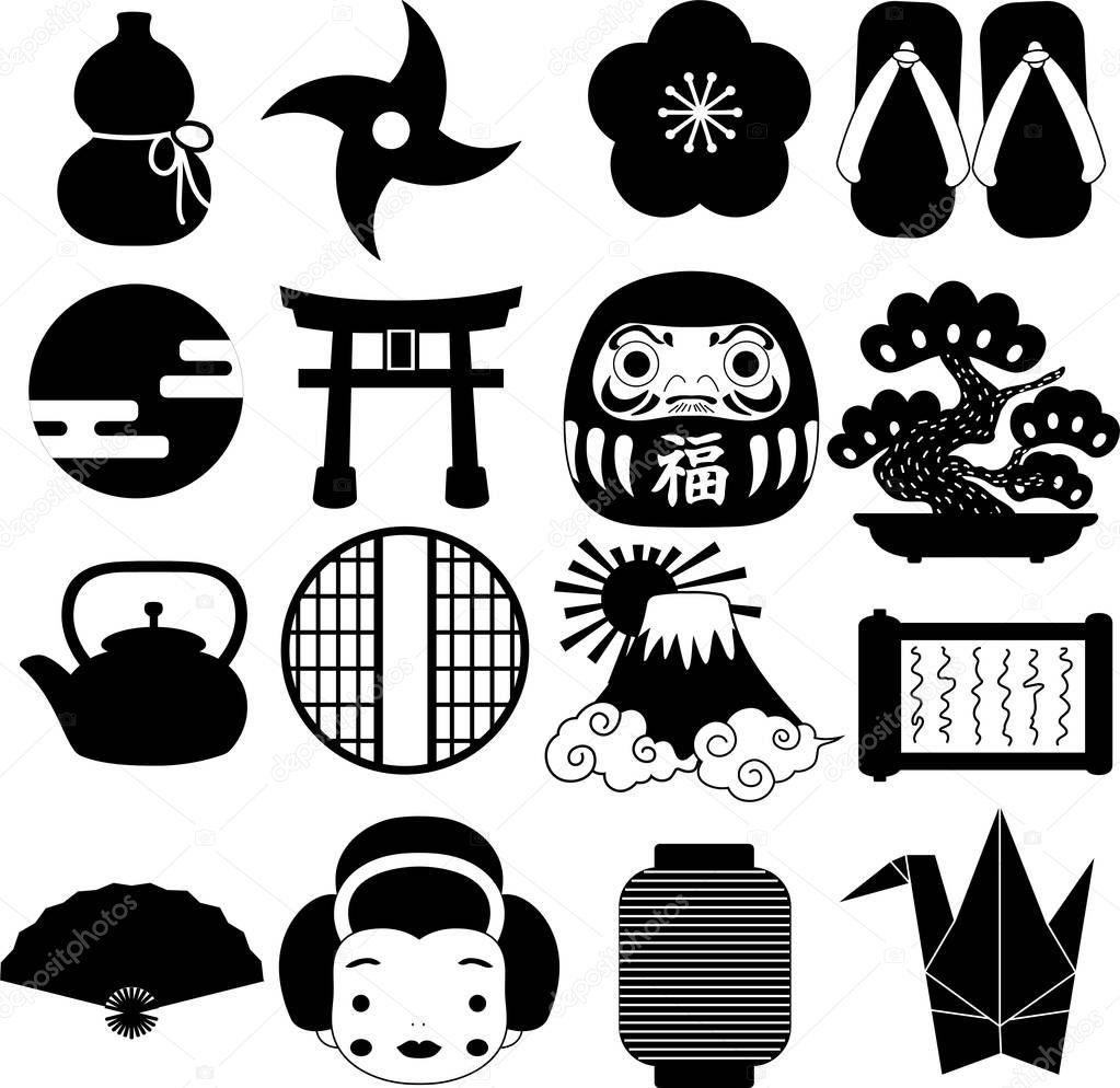 Black New Year's Japanese style icon set