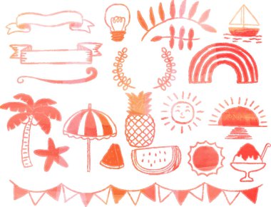 Bu, suluboya desenli Summer el çizimi malzemelerinin bir çizimi.