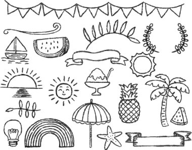 Bu, suluboya desenli Summer el çizimi malzemelerinin bir çizimi.