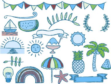 Bu, suluboya desenli Summer el çizimi malzemelerinin bir çizimi.