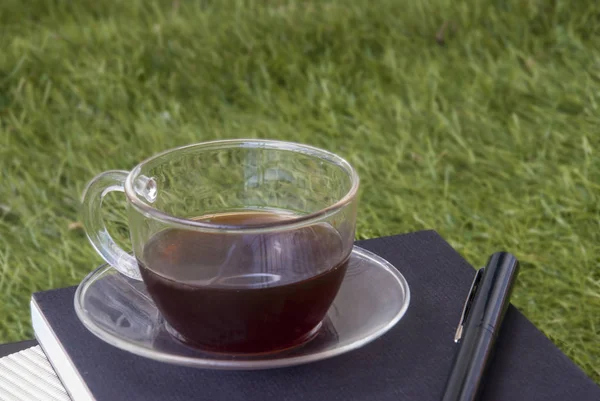 Uma caneta, um caderno e uma chávena de chá no relvado. — Fotografia de Stock