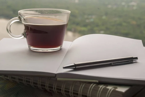 Kaffeebecher und Tagebuch im Flusszimmer — Stockfoto