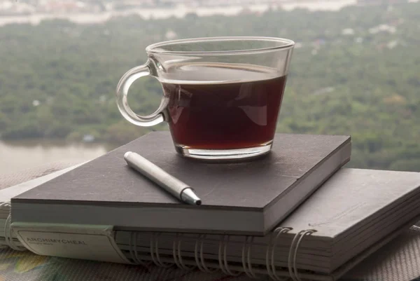 Kaffeebecher und Tagebuch im Flusszimmer — Stockfoto