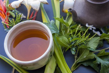 Çay seti ve siyah bir masaya çiçek