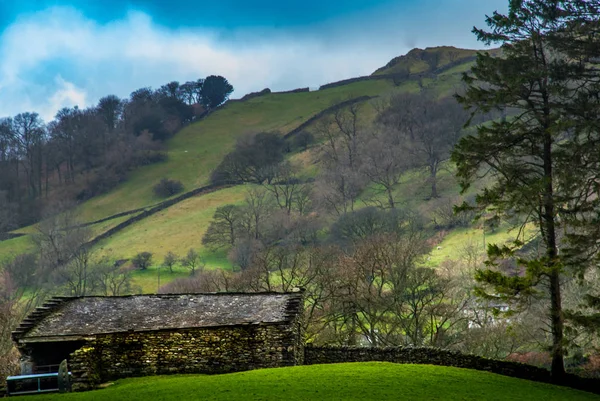 Angielskie krajobrazy z owcami na zboczu wzgórza — Zdjęcie stockowe