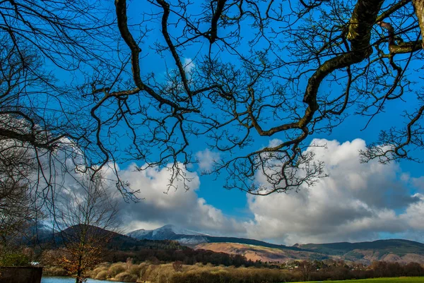 Uma vista das montanhas e do céu que olham através do ramo — Fotografia de Stock