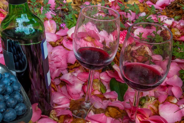 Μπουκάλι, ποτήρια κρασιού με βατόμουρο σε κήπο με τριαντάφυλλο. — Φωτογραφία Αρχείου