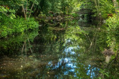 süs bahçesi gölet üzerinde kemerli ahşap köprü. 