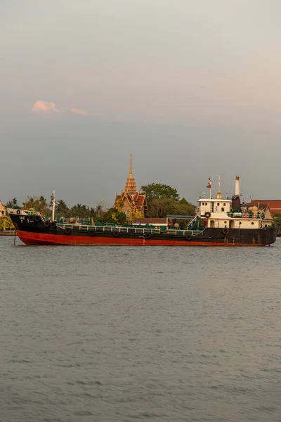 バンコク 2020年3月26日 川の真ん中とチャオプラヤ川の緑の木の前に2隻の貨物船が停泊 — ストック写真
