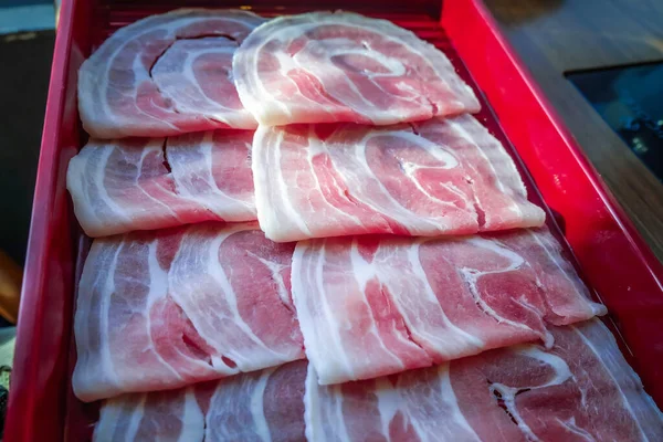 Fraicheur Tranches Porc Boeuf Dans Plateau Pour Sukiyaki Japonais Shabu — Photo