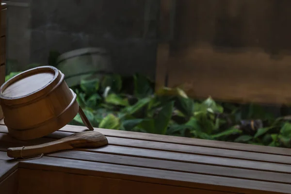 Detail Van Houten Emmer Een Sauna Natuurlijke Achtergrond Ontspanningsconcept Selectieve — Stockfoto