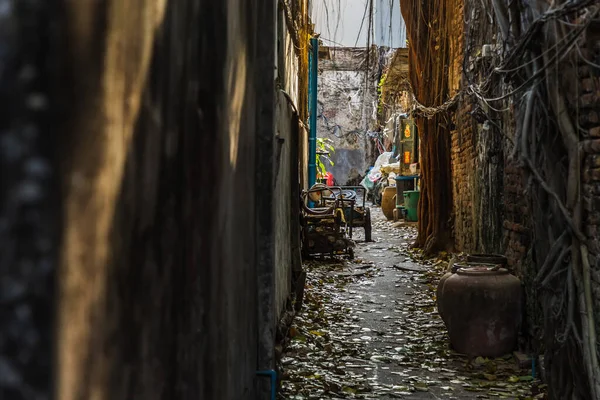 View Dark Narrow Street Old Village Archaeological Area Focus Specifically — Stock Photo, Image
