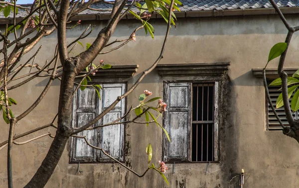 Eski duvardaki eski ahşap pencereler. Geleneksel Mimarlık Biçimi, Seçici Odaklanma.