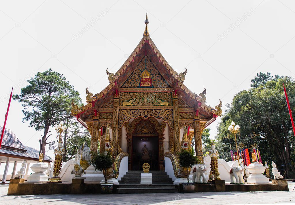 Phra That Doi Tung temple (Wat Phra That Doi Tung). Buddhist monastery and temple of public. Chiang Rai province Thailand. Selective focus.
