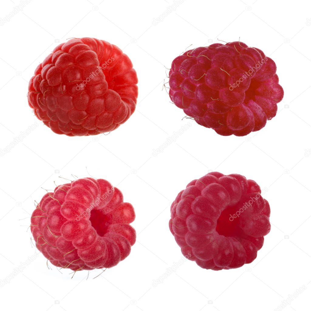 Red sweet raspberries isolated on white background