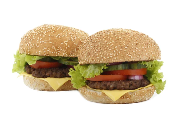 Close Van Vlees Hamburgers Met Geassorteerde Groenten Geïsoleerd Witte Achtergrond — Stockfoto