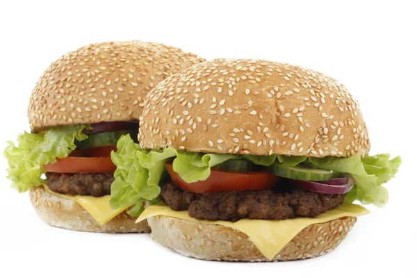 Nahaufnahme Von Fleisch Burgern Mit Verschiedenen Gemüse Isoliert Auf Weißem — Stockfoto