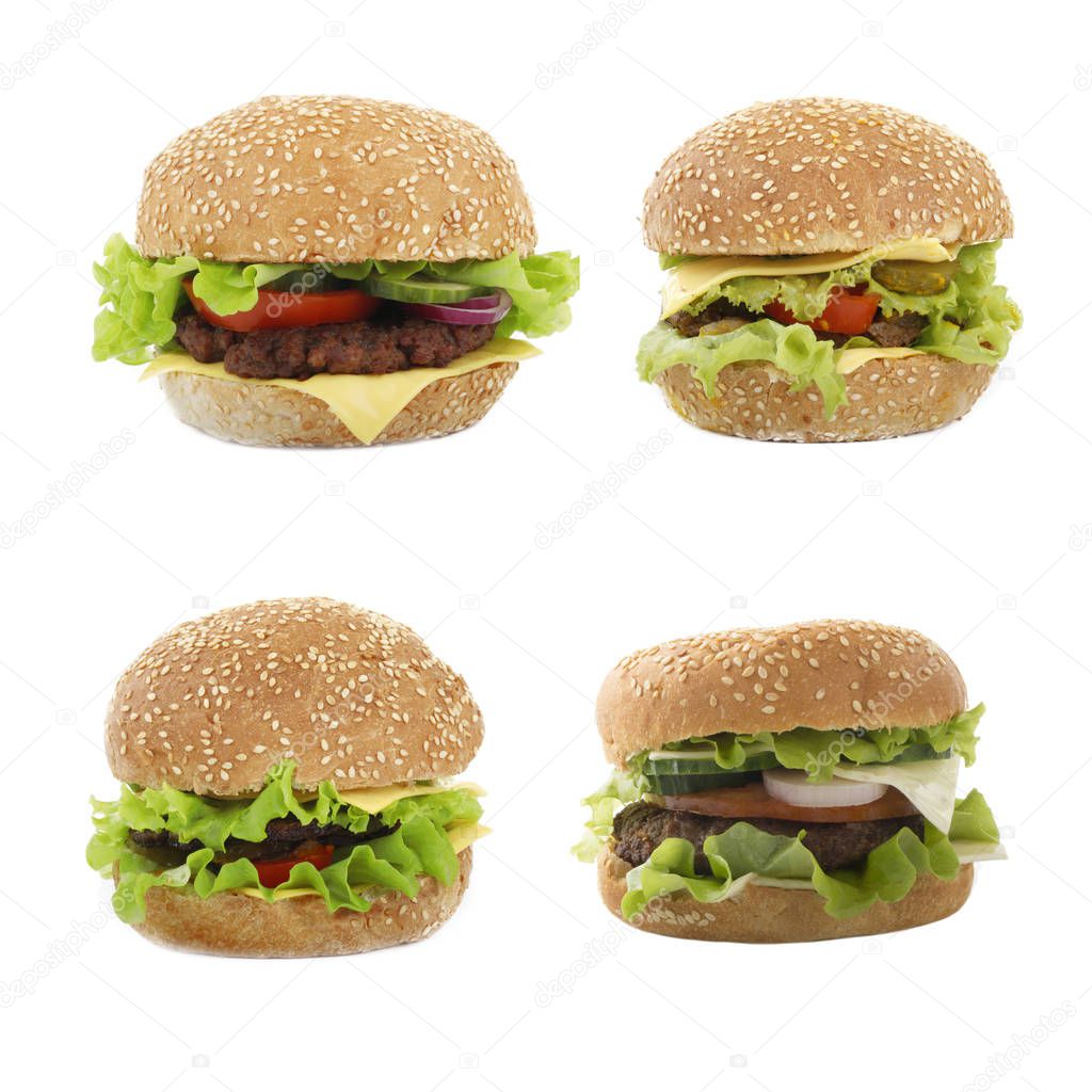 Closeup of meat burgers with assorted vegetables isolated on white background 