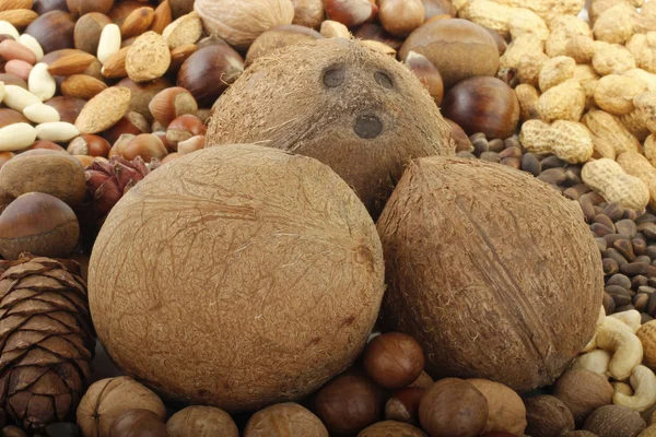Variety of nuts, food background.