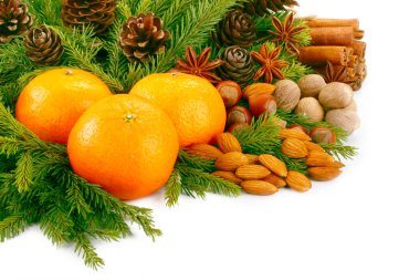 Çam dalları, meyve ve baharat yapılmış Advent kompozisyon.