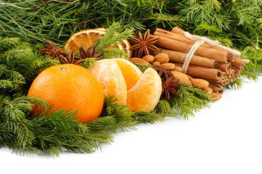 Çam dalları, meyve ve baharat yapılmış Advent kompozisyon.