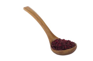 Çilek ile ahşap kaşık Closeup, gıda arka plan 