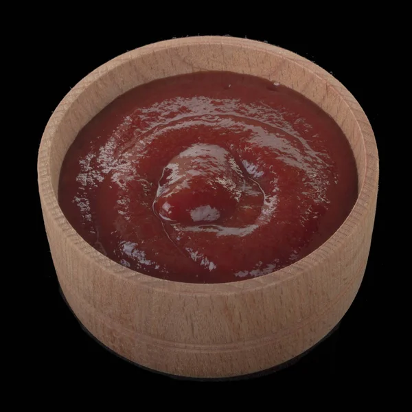 Nahaufnahme Von Holzschale Mit Ketchup Lebensmittel Hintergrund — Stockfoto