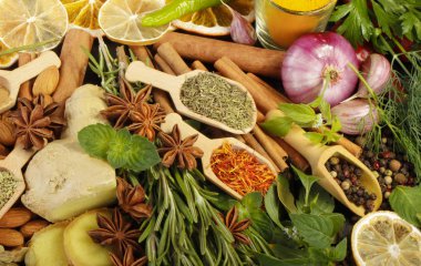 Çeşitli sebze ve baharat deseni closeup 